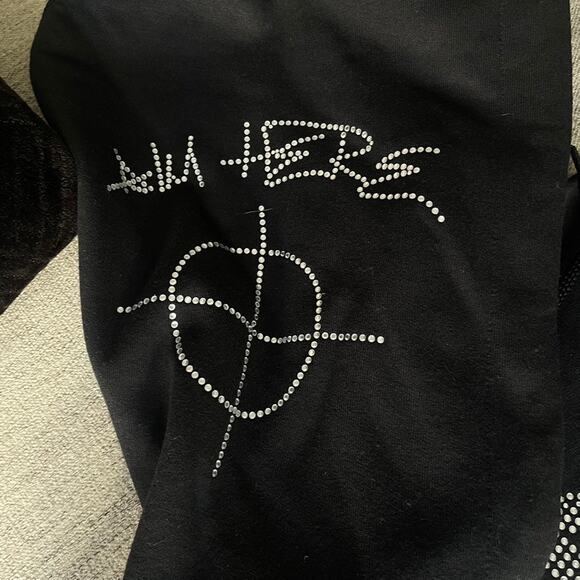 SUPERR RADICAL Black Silver Rhinestone Aim Hear Sweatshirt Hoody Large Bling - Picture 2 of 4